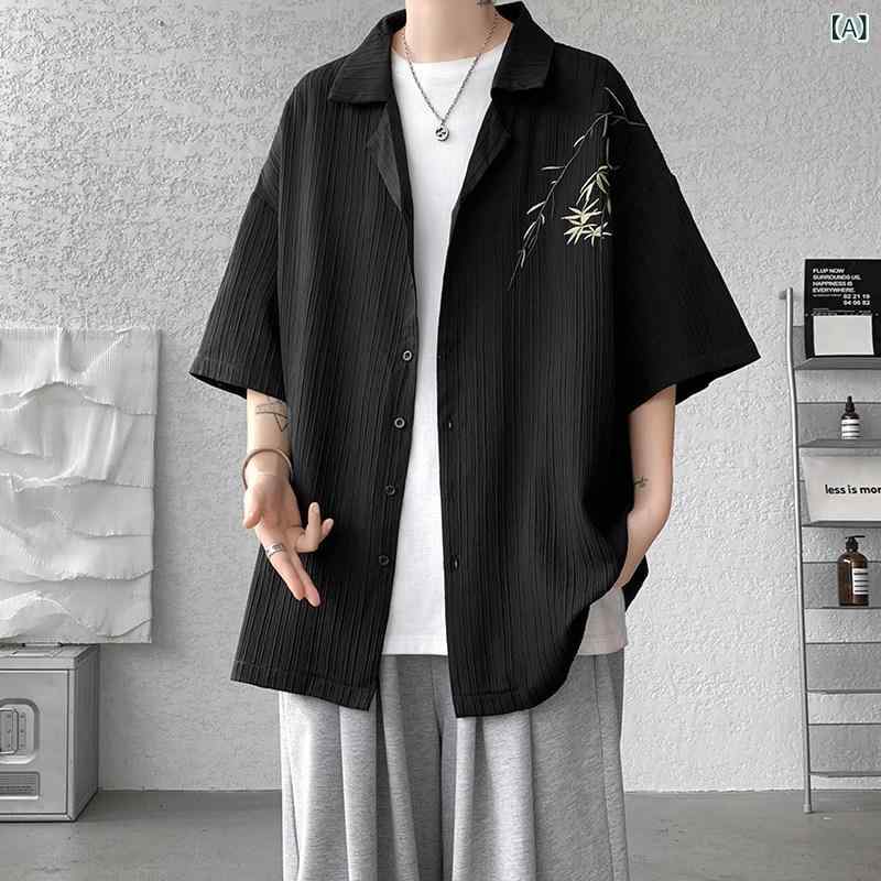メンズ　ファッション　オシャレ　海外風 中華風 ハイエンド 竹 葉 刺繍 半袖 シャツ メンズ 夏 ファッション 冷感 ルース 大きいサイズ ジャケット