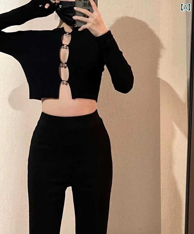 レディース ファッション　オシャレ 前立て スタイリッシュ ガール セーター 秋冬 インナー レイヤリング シャツ ブラック 魅惑的 アウター トップ