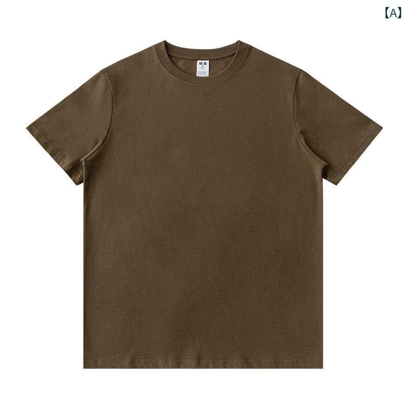 250 グラム ウイグル コットン ヘビーウェイト 半袖 Tシャツ 男性用 ブラウン プルオーバー ラウンドネック アメリカン レトロ レディース
