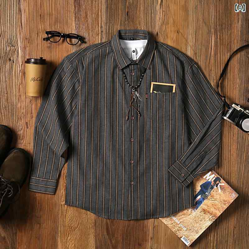 ストライプ 長袖 シャツ メンズ 作業着 春秋 ハイエンド ジャケット アメリカン レトロ トップ