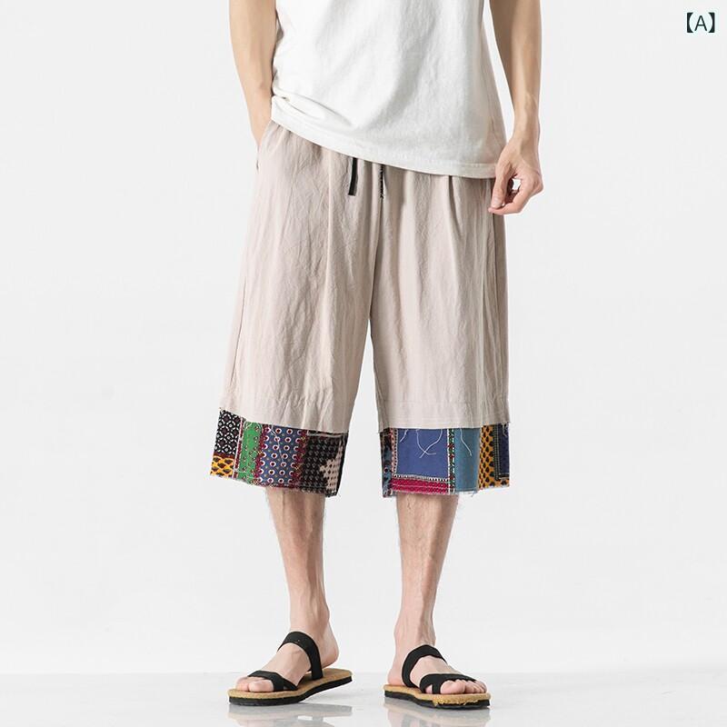 メンズ　ファッション　オシャレ　海外風 エスニック クロップドパンツ メンズ 夏 薄手 リネン ショート パンツ ストレート 中華風 メンズパンツ コットン ミディアム