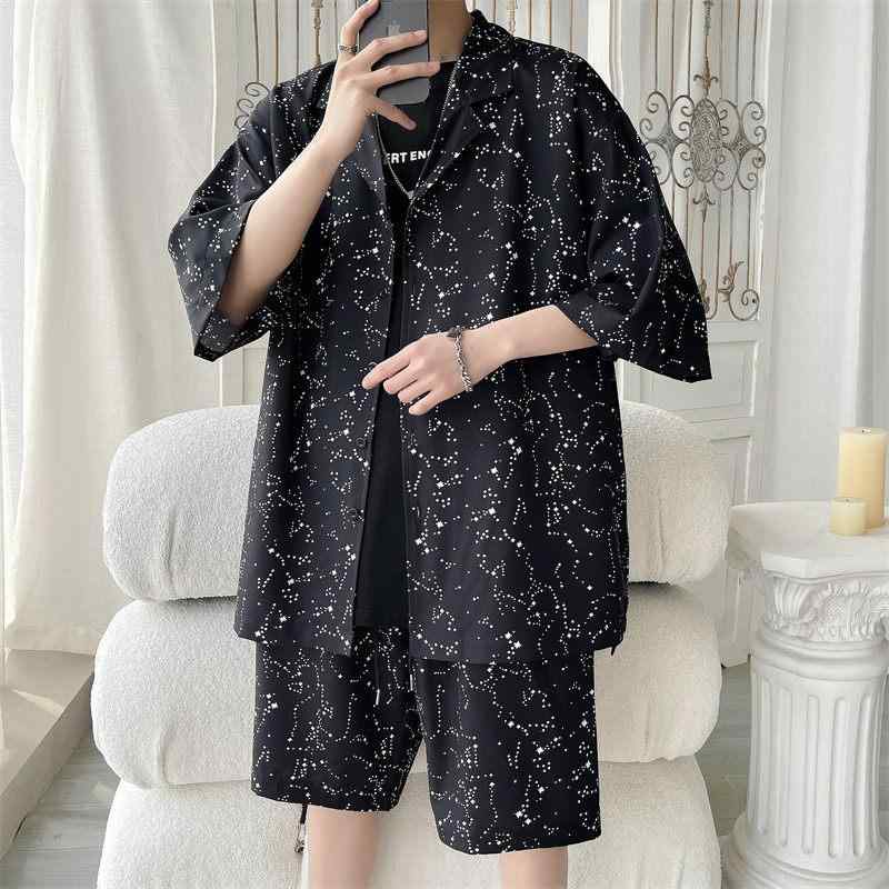 メンズ　ファッション　オシャレ　海外風 カスミソウ 半袖 シャツ ショーツ スーツ用 男子 夏 薄手 冷感 カジュアル 大きいサイズ ビーチ 2点セット