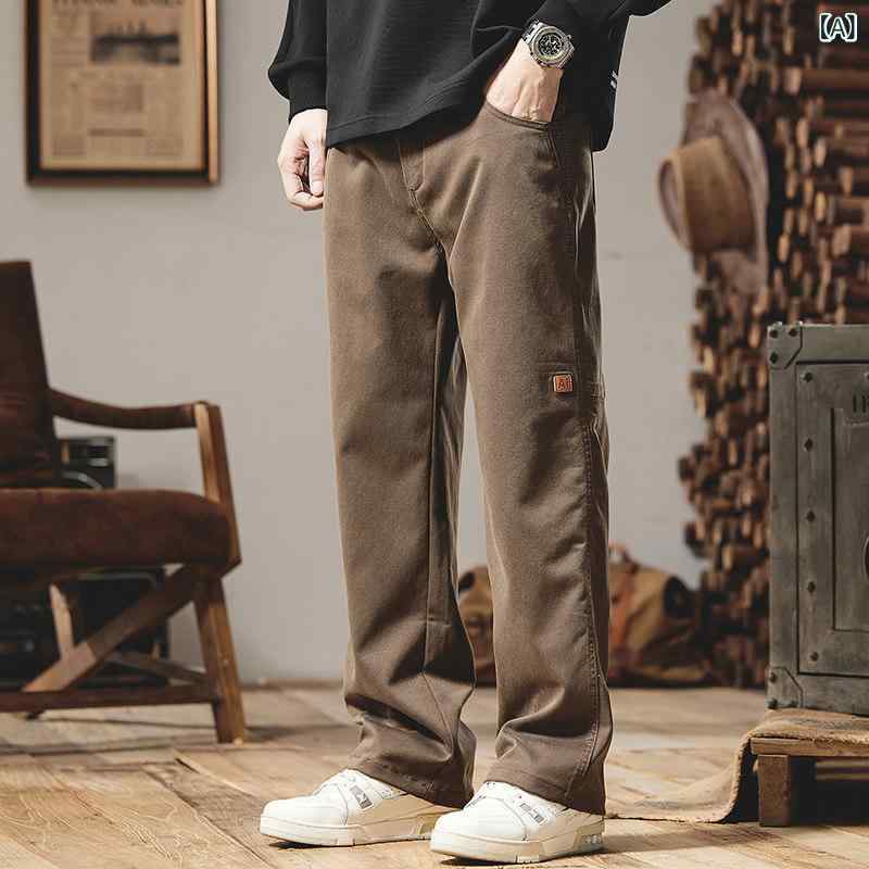 秋冬 アメリカン 男性用 オーバー オール ストレート カジュアル パンツ 厚手 レトロ コットン ワイド レッグ