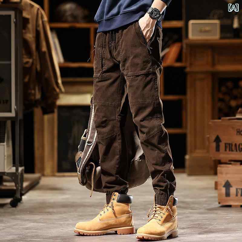 秋 アメリカン レトロ メンズ オーバー オール 男性用 機能的 スリムフィット ロング パンツ レッグ バインディング 付き 冬 カジュアル