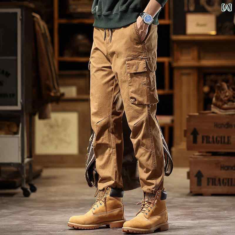 秋冬 アメリカン 男性用 ワークウェア パンツ 機能的 レトロ ルーズ コットン アウトドア 耐久性 ウエスト カジュアル レギンス 付き