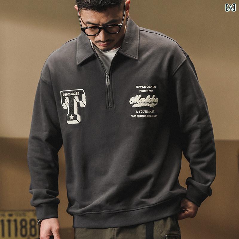 秋 男性用 アメリカン レトロ スウェットシャツ 春 ハイエンド ポロ カラー 服 ハーフ ジップ トップス