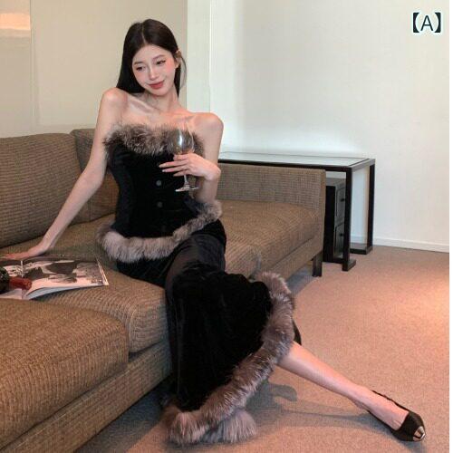 レディース ファッション　オシャレ 花 キツネ 毛皮 ベルベット パッチワーク チューブ トップ フィッシュ テール スカート 2点セット ハイエンド スタイリッシュ ガールズ 魅惑的 ベスト
