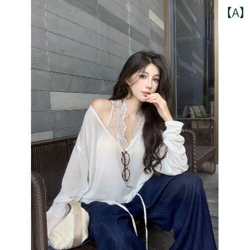 半透明 魅惑的 スリム 長袖 Vネック Tシャツ レイ ヤード レース ベスト 日焼け防止 トップ セット