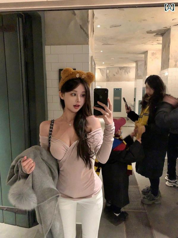 Pure lust 魅惑的 Vネック クロス ショルダー スリム ショート ロングスリーブ Tシャツ ウエスト 締める プリーツ ボトム トップ 付き