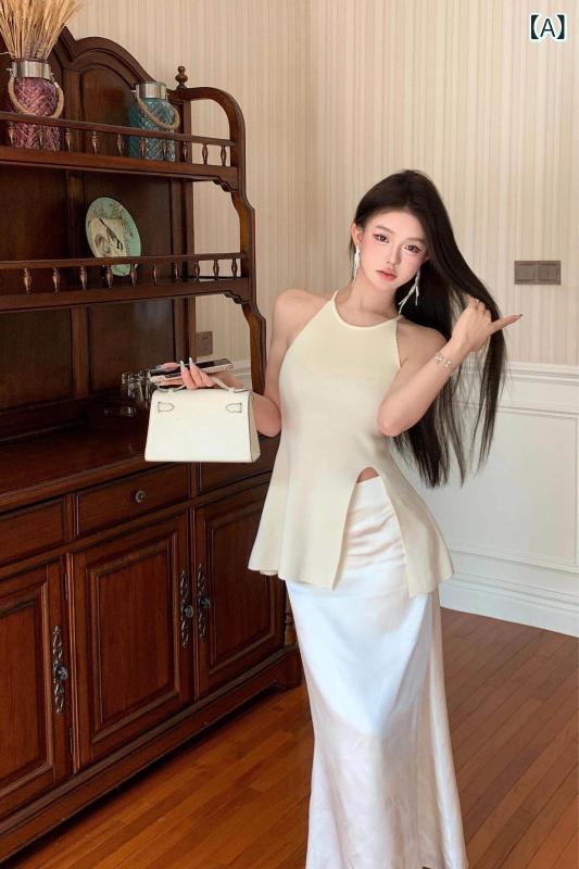 レディース ファッション　オシャレ 美しい ウエスト ヒップ 比率 スーツ ドレス ニット ノースリーブベスト トップ ハイウエスト サテンスカート