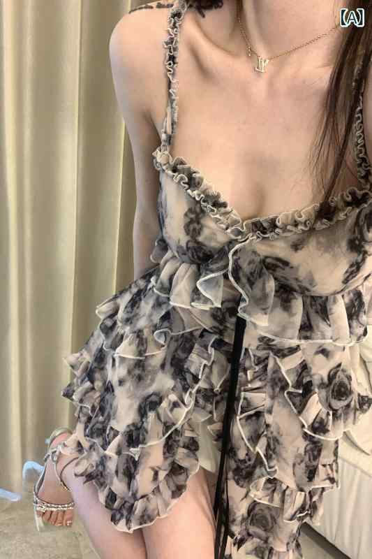 レディース ファッション　オシャレ インク フローラル サスペンダー ドレス セクシー ハイエンド ウエスト 締める シフォン フリル Aラインイン スカート