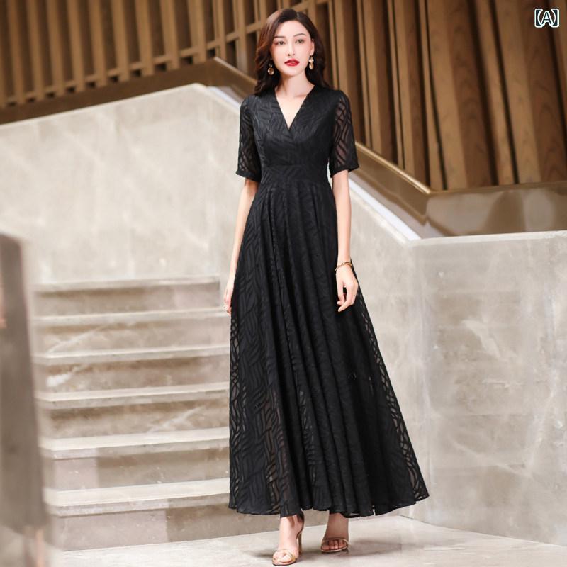 膝上 夏 レディース 御召しもの 酉の方角 シフォン 黒いこと か細い ロング スコート Vのど首 大層らしい 裾