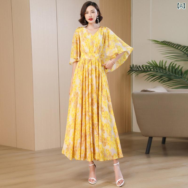 朱夏 御召しもの ロング スコート 酉の方角 Vのど首 ニーハイ 刷り上げる シフォン 蝶 袖 レディース か細い ビッグ 律動的な調子