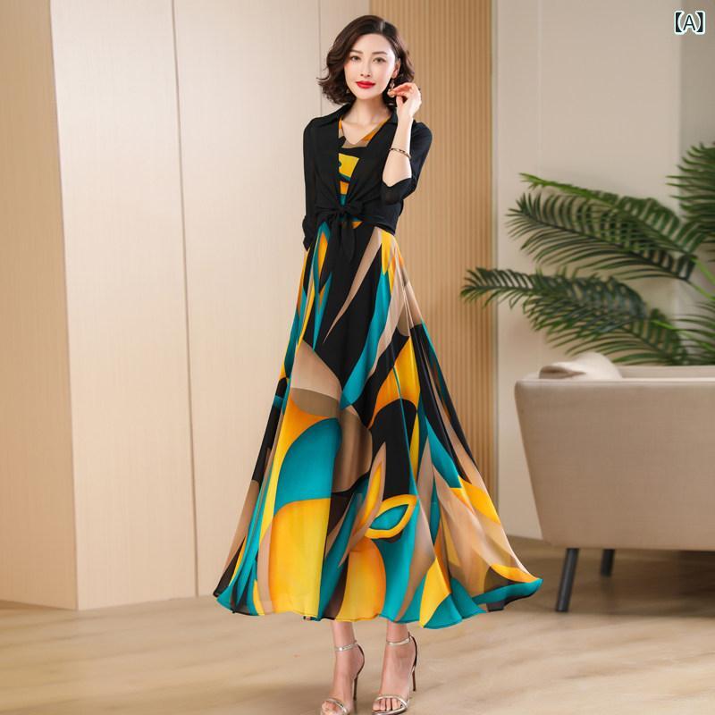御召しもの レディース 夏 酉の方角 V素っ首 花柄 シフォンスコート ノースリーブ 2点仕掛ける ロング か細い スコート