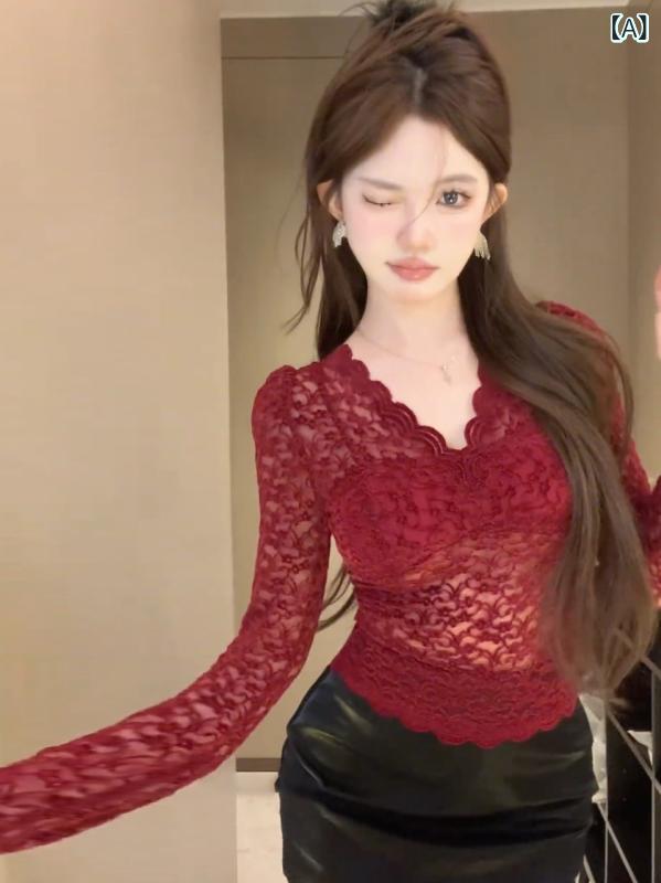 レディース ファッション　オシャレ 秋冬 レース トップ 魅惑的 ガールズ Vネック シースルー アウター タイトフィット スリム