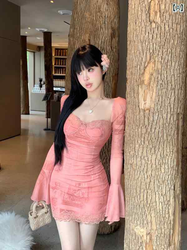 レディース ファッション　オシャレ スクエアネック プリント 長袖 ドレス 魅惑的 レース パッチワーク ウエスト カバー ヒップ ショート スカート