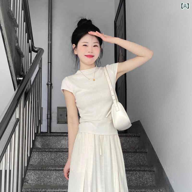 レディース ファッション　韓国　韓国ファッション　オシャレ　アーバン 夏用 ホワイト 右 肩 冷感 半袖 Tシャツ 薄手 小柄 スリム フライング スリーブ 優しい ベルサイユ トップ