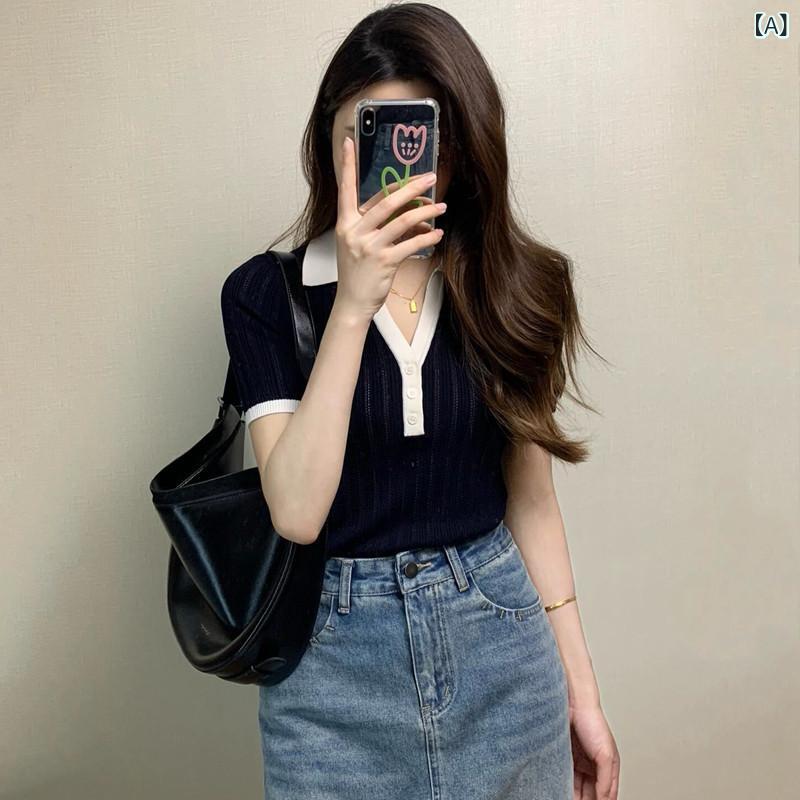 レディース ファッション 韓国 韓国ファッション オシャレ アーバン ポロ カラー 半袖 Tシャツ レディース 夏 冷感 セーター ユニーク シック トップ