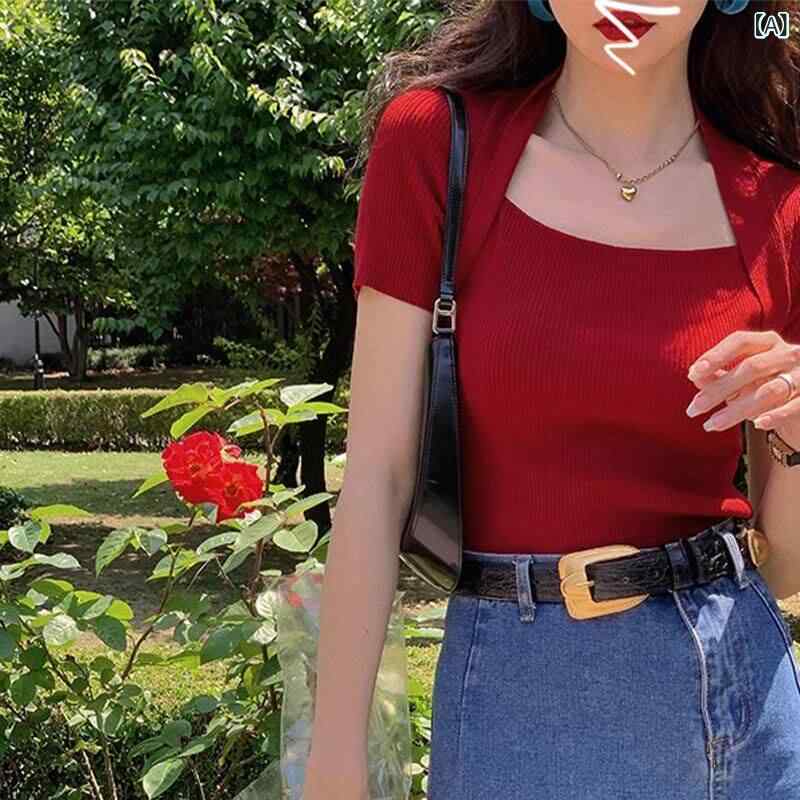 レディース ファッション 韓国 韓国ファッション オシャレ アーバン スタイリッシュ ガール ニット 半袖 Tシャツ レディース 夏 スリム 西洋 シャツ ショート トップ