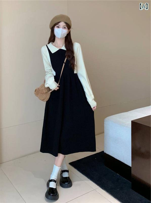 レディース ファッション　韓国　韓国ファッション　オシャレ　アーバン 秋冬 中華風 小柄 香り ニット ドレス 優しい ウエスト 細く ミドル丈 インナー セーター スカート