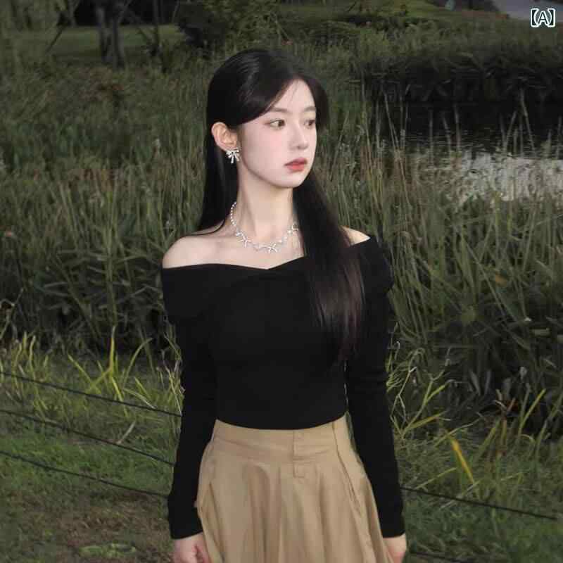 レディース ファッション　韓国　韓国ファッション　オシャレ　アーバン ブラック ワンショルダー セーター 秋冬 長袖 タイトフィット スタイリッシュ ガール 魅惑的 インナートップ