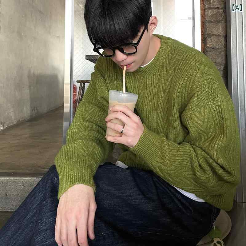 メンズ　ファッション　韓国ファッション　オシャレ　韓国 メンズ用 グリーン ラウンドネック セーター 春秋 韓国 ソフト ワックス 状 カップル用
