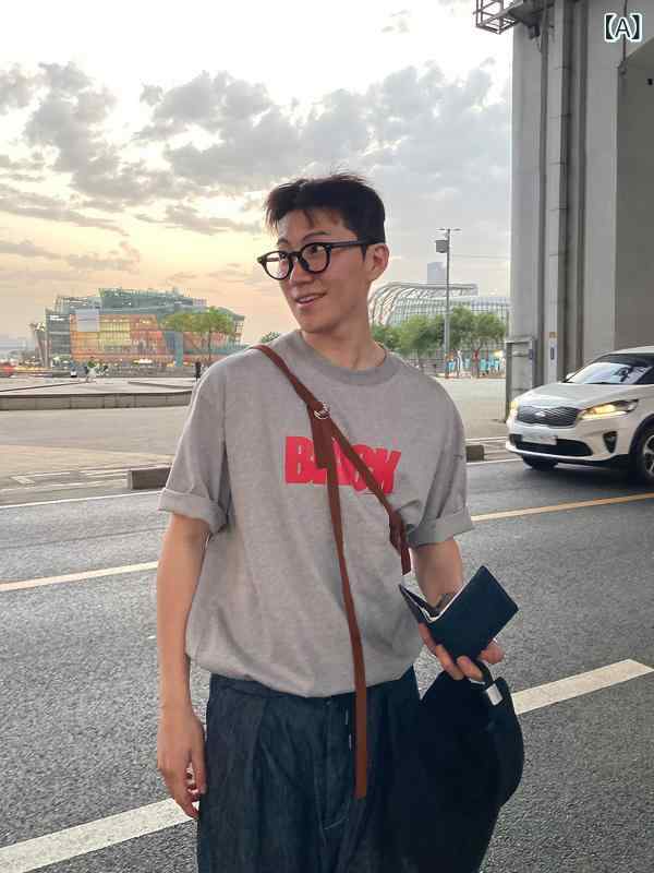 メンズ　ファッション　韓国ファッション　オシャレ　韓国 レター プリント 半袖 メンズ 夏 アメリカン レトロ イン ヘビーウェイト Tシャツ