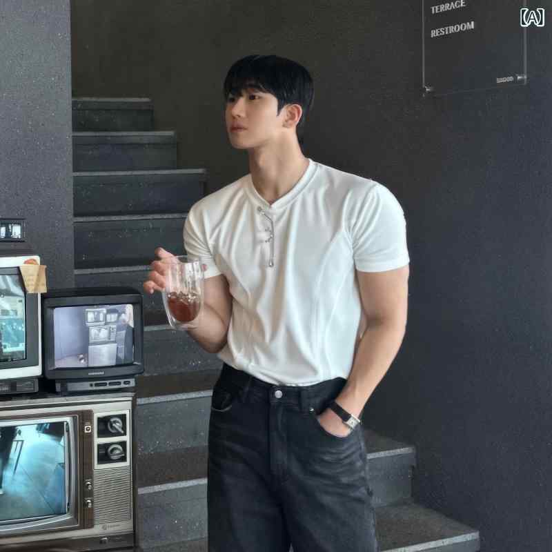 メンズ　ファッション　韓国ファッション　オシャレ　韓国 無地 半袖 Tシャツ メンズ 夏 ストレッチ 快適 曲線 スプライシング スリム