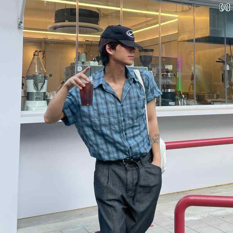 メンズ　ファッション　韓国ファッション　オシャレ　韓国 メンズ レトロ チェック柄 半袖 シャツ 夏 軽量 プリーツ 質感 カジュアル