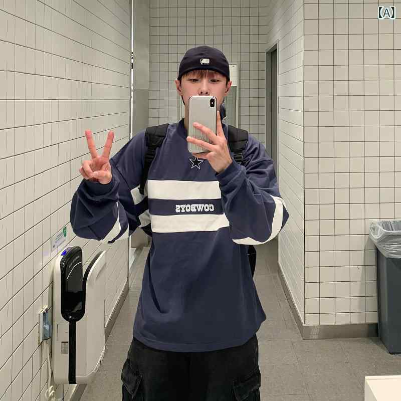 メンズ　ファッション　韓国ファッション　オシャレ　韓国 秋 男性用 スプライシング ストライプ 長袖 Tシャツ 韓国 ラウンドネック トップ 五芒星 プリント ガス シャツ