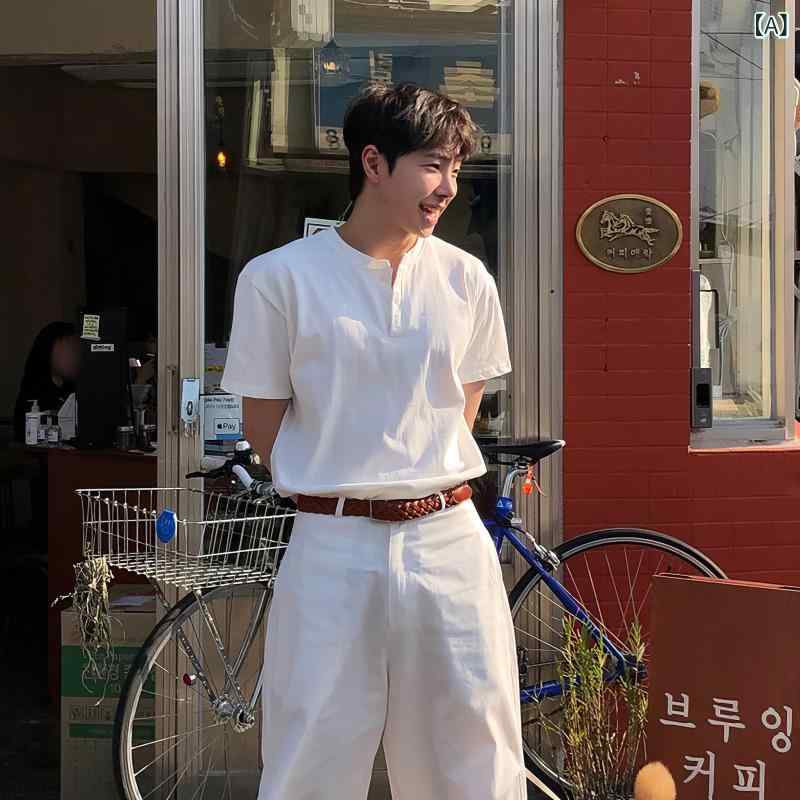 メンズ　ファッション　韓国ファッション　オシャレ　韓国 コットン ヘンリー カラー 半袖 Tシャツ メンズファッション 韓国 カジュアル ハイエンド トップ