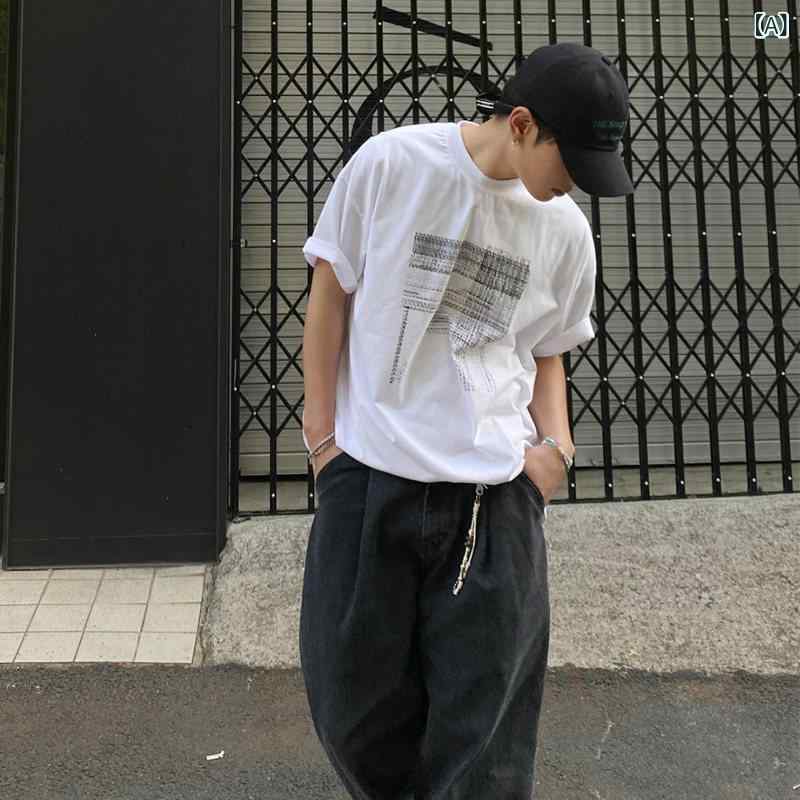 メンズ　ファッション　韓国ファッション　オシャレ　韓国 夏 半袖 Tシャツ メンズ イン カジュアル プリント シンプル 快適 トップス
