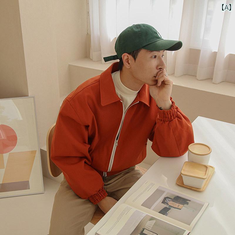 メンズ　ファッション　韓国ファッション　オシャレ　韓国 メンズ オレンジ ジャケット 春秋 レトロ ジッパー ショート 韓国 ボン バー トップ