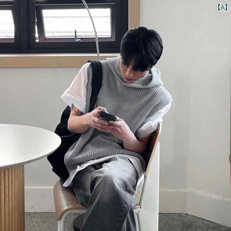 メンズ　ファッション　韓国ファッション　オシャレ　韓国 ニット ベスト メンズ 春 フード付き スタック ノースリーブ チョッキ Tシャツ ジャケット トップ 6,360円