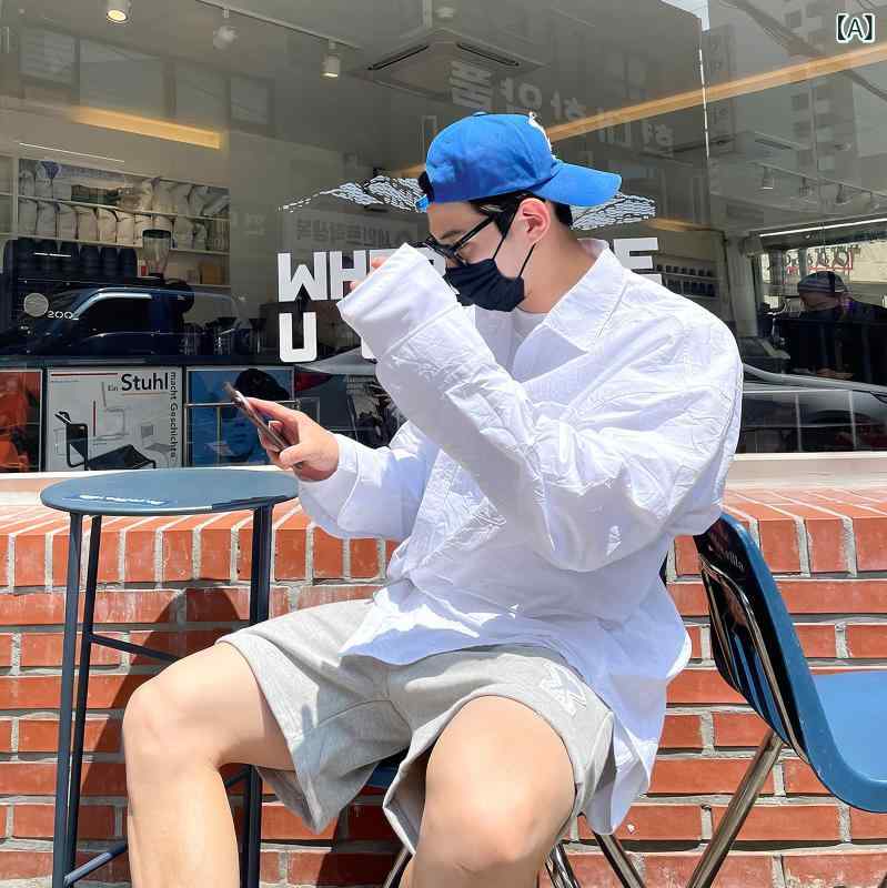 メンズ　ファッション　韓国ファッション　オシャレ　韓国 春 男性用 ホワイト 長袖 シャツ 薄手 韓国 プリーツ 個性