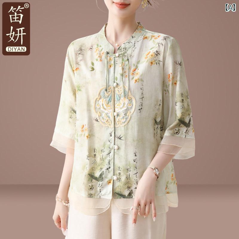 ママ 夏 半袖 シャツ スーツ レディース シフォン トップ 服