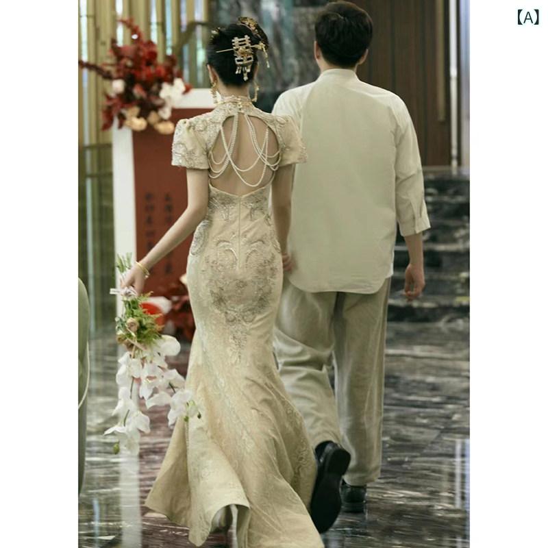 レディース ファッション　オシャレ　ドレス　2次会 中華風 チャイナ トースト ドレス 花嫁 婚約 フィッシュ テール スカート ドレッシング ガウン 結婚式 ハイエンド 秋冬
