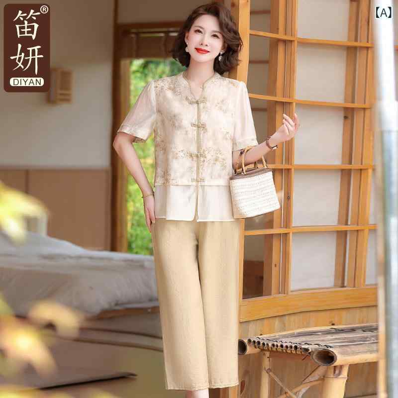 マザー 夏服 コットン 麻 スーツ レディース 夏 半袖 シャツ
