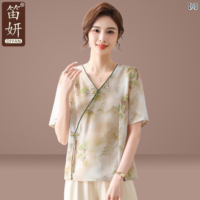 ママ 夏 半袖 Tシャツ 花柄 シャツ レディース 中国 スーツ