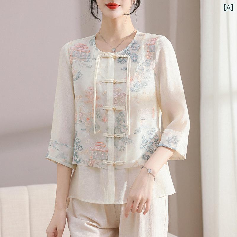 ママ 春服 中華風 シャツ レディース 夏 七分袖 トップ スーツ