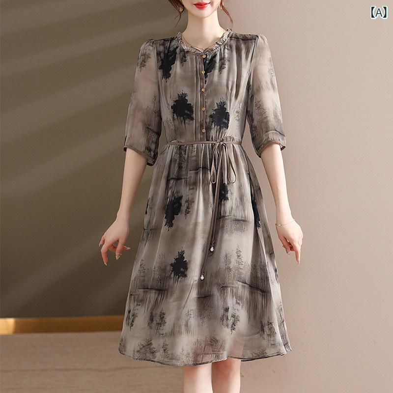 御っ母さん 御召しもの 夏 シフォン 花柄 ロング スコート 母 日 服 レディース