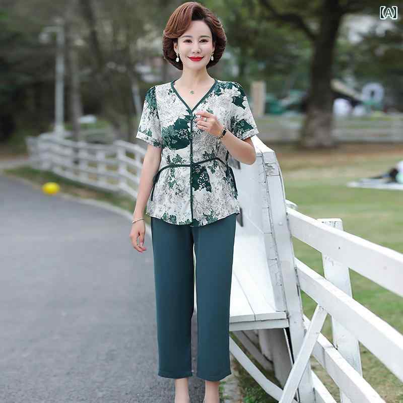 母 服 夏 シフォン スーツ 40歳 50歳 レディース 半袖 Tシャツ 大きめ サイズ トップ