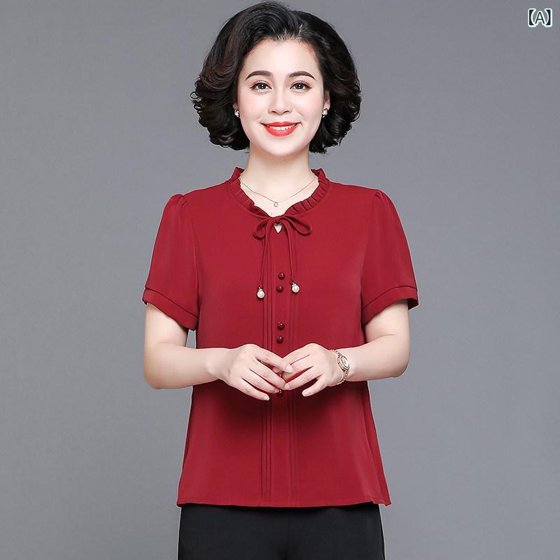 母 夏 半袖 Tシャツ 洋風 トップス レディース 大きいサイズ シフォン スーツ