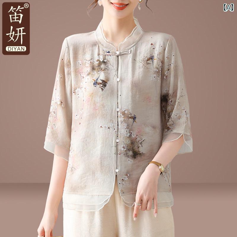 中華風 婦歳 服 夏 背広 レディース 綿織物 リネンプルオーバー 半袖 プルオーバー