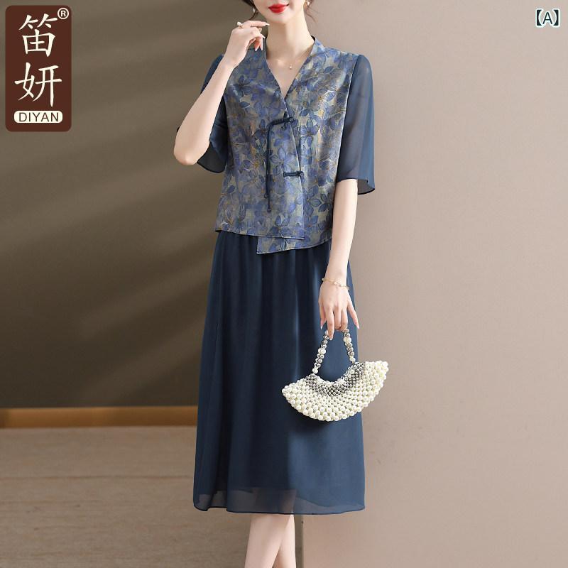 夏服 新 中華風 エスニック 服 レディース 夏用 シフォン 半袖 ロング スコート