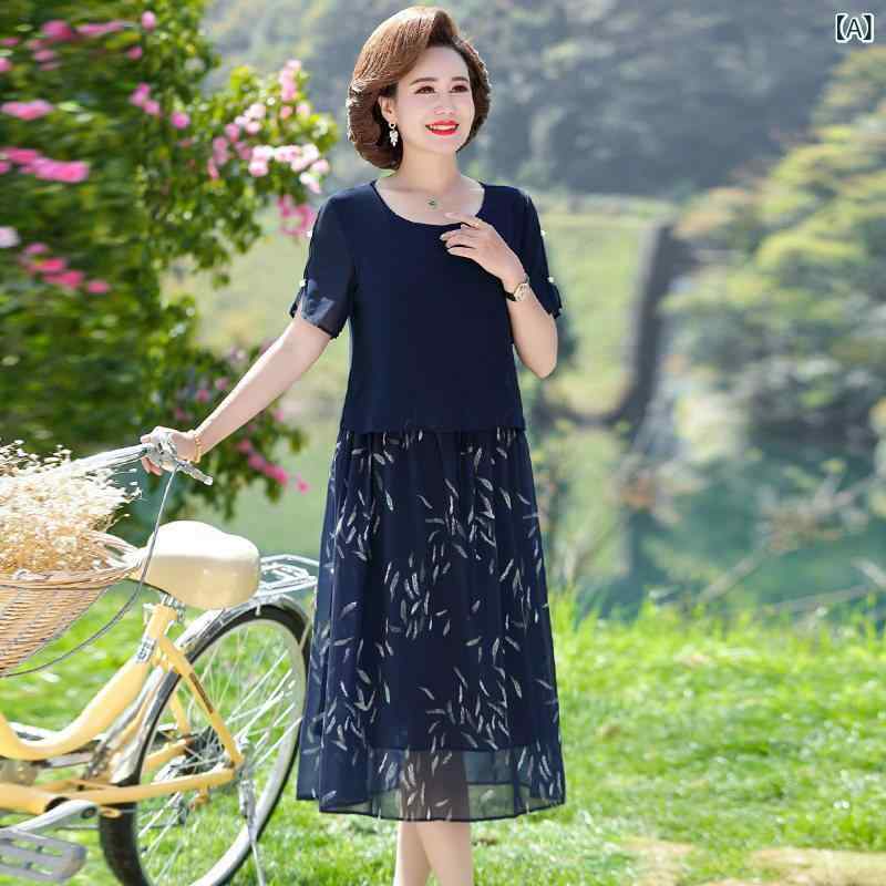母 日 御っ母さん 夏 シフォン衣装 洋風 馬鹿でかい大きさ 土手っ腹 覆いかぶせる レディース 半袖 薄っぺら スコート