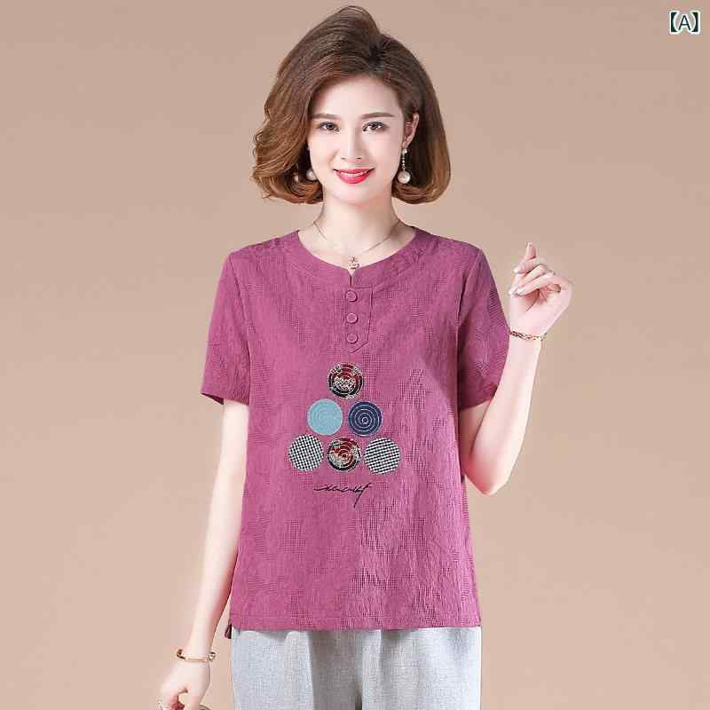 夏 コットン 麻 スーツ 母 日 服 レディース 半袖 Tシャツ トップ