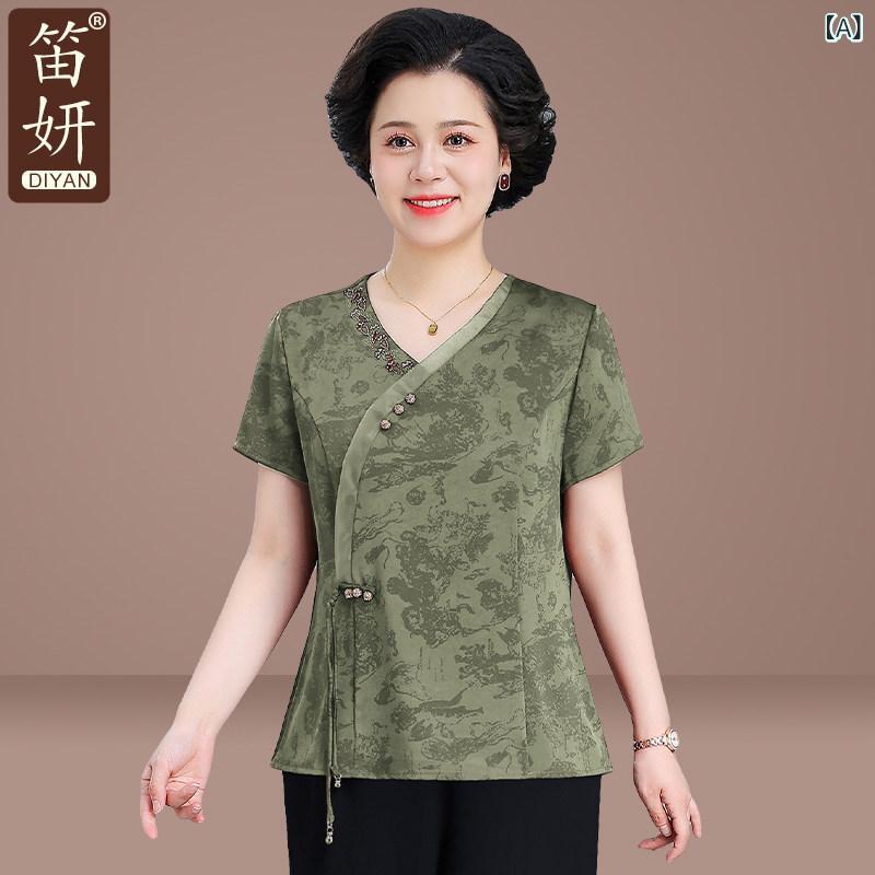 中華風 御っ母さん 夏 半袖 トップス 母 日 服 レディース シフォン 背広