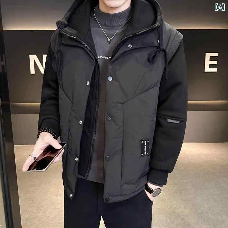 メンズ ファッション オシャレ 大歳 ストリート 上品 フェイク 2点 ダウン ジャケット メンズ 秋冬 厚く 暖かい フード付き メンズジャケット