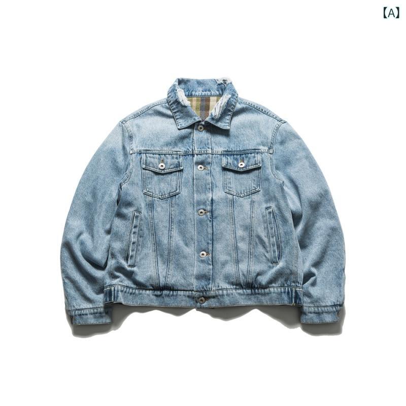 ジャケット メンズ レトロ デニム ワーク ラペル 長袖 ゆったり シングルブレスト ブルー 通気性 耐久性 綿 ポケット 日常用 春秋